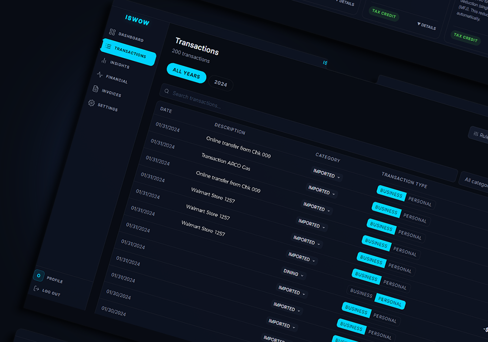ISWOW Transactions — 200 transactions with BUSINESS/PERSONAL tags